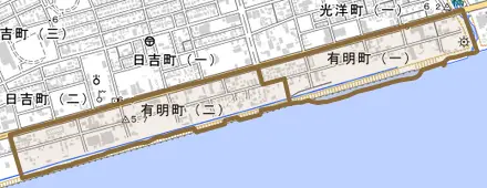 有明町とその周辺の地図。町の範囲を重ねている