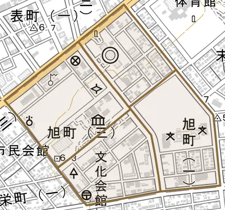 旭町とその周辺の地図。町の範囲を重ねている