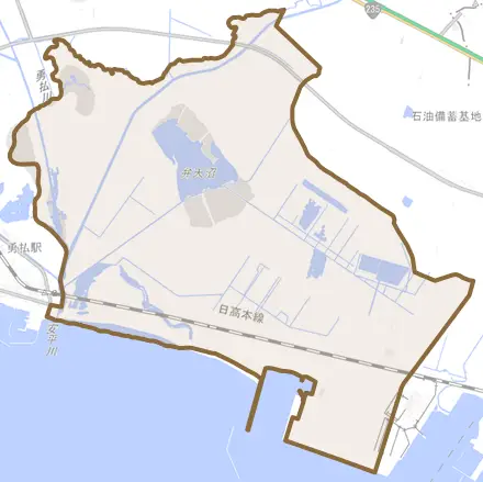 字弁天とその周辺の地図。町の範囲を重ねている