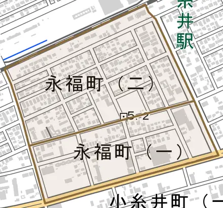 永福町とその周辺の地図。町の範囲を重ねている