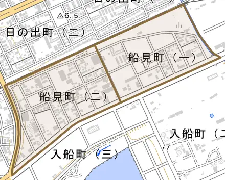 船見町とその周辺の地図。町の範囲を重ねている