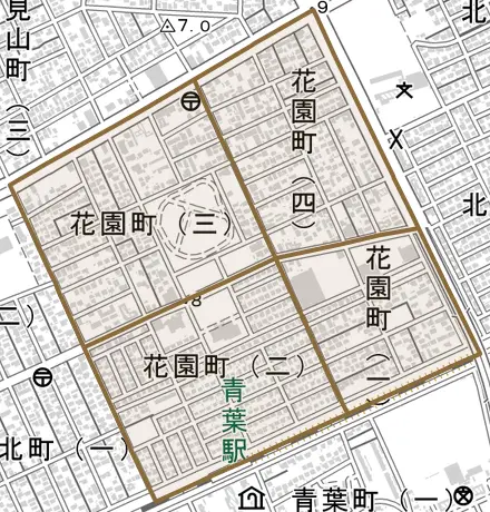 花園町とその周辺の地図。町の範囲を重ねている