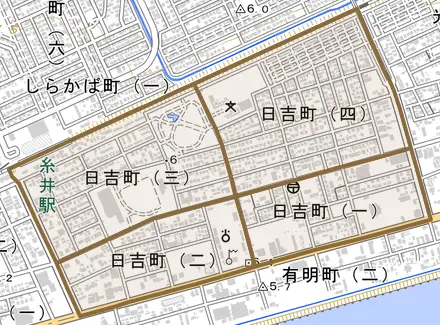 日吉町とその周辺の地図。町の範囲を重ねている