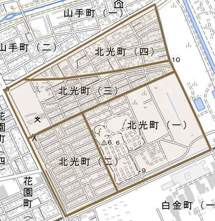 北光町とその周辺の地図。町の範囲を重ねている