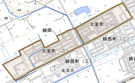 北星町とその周辺の地図。町の範囲を重ねている