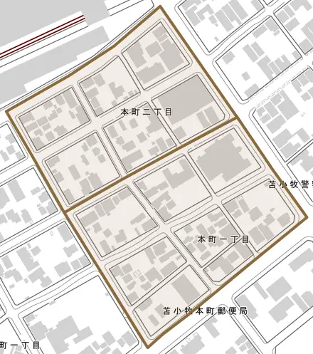 本町とその周辺の地図。町の範囲を重ねている