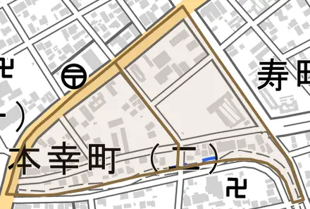 本幸町とその周辺の地図。町の範囲を重ねている
