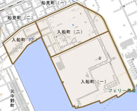 入船町とその周辺の地図。町の範囲を重ねている