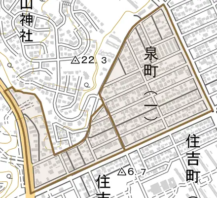 泉町とその周辺の地図。町の範囲を重ねている