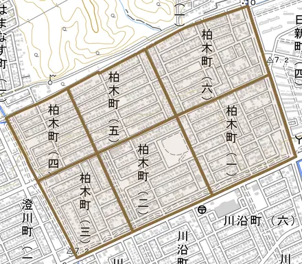 柏木町とその周辺の地図。町の範囲を重ねている