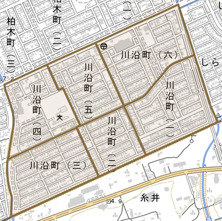 川沿町とその周辺の地図。町の範囲を重ねている