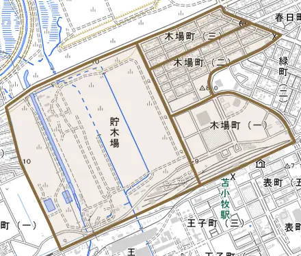 木場町とその周辺の地図。町の範囲を重ねている