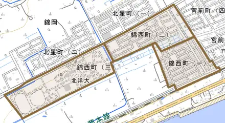 錦西町とその周辺の地図。町の範囲を重ねている