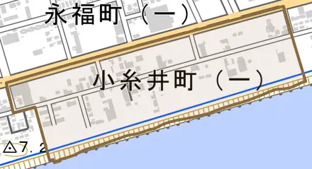 小糸井町とその周辺の地図。町の範囲を重ねている