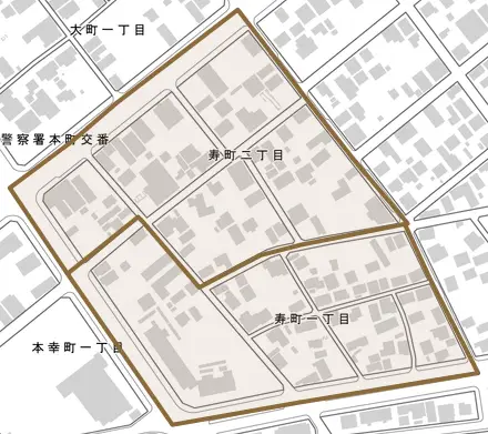 寿町とその周辺の地図。町の範囲を重ねている