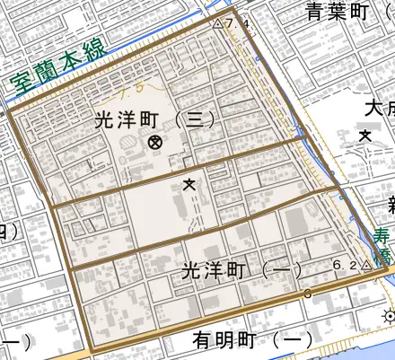 光洋町とその周辺の地図。町の範囲を重ねている