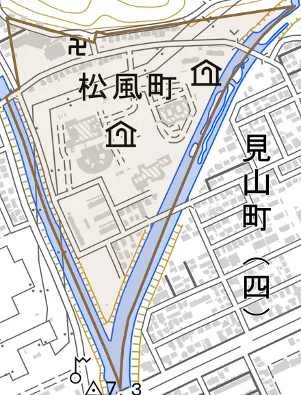 松風町とその周辺の地図。町の範囲を重ねている