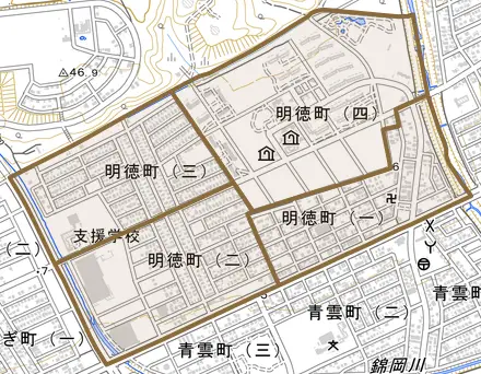 明徳町とその周辺の地図。町の範囲を重ねている