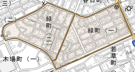 緑町とその周辺の地図。町の範囲を重ねている