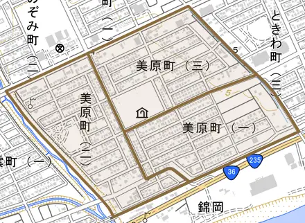 美原町とその周辺の地図。町の範囲を重ねている
