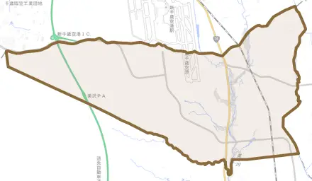 字美沢とその周辺の地図。町の範囲を重ねている