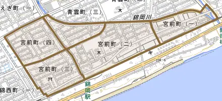 宮前町とその周辺の地図。町の範囲を重ねている