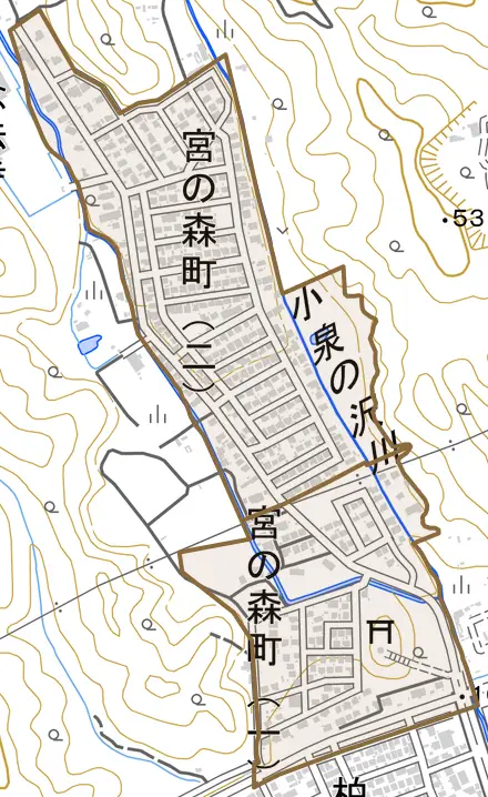 宮の森町とその周辺の地図。町の範囲を重ねている