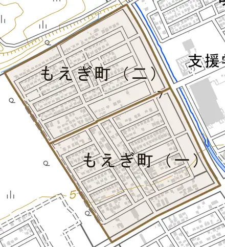 もえぎ町とその周辺の地図。町の範囲を重ねている