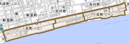 元町とその周辺の地図。町の範囲を重ねている