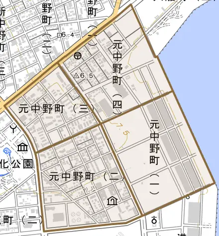 元中野町とその周辺の地図。町の範囲を重ねている