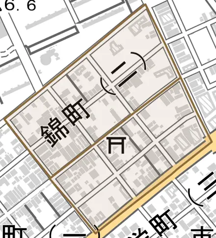 錦町とその周辺の地図。町の範囲を重ねている