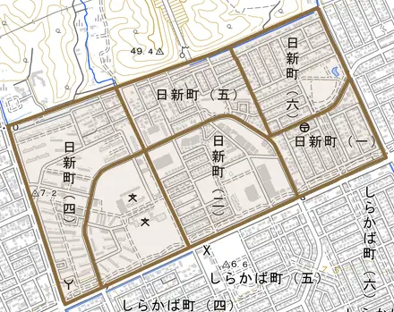日新町とその周辺の地図。町の範囲を重ねている