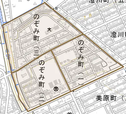 のぞみ町とその周辺の地図。町の範囲を重ねている
