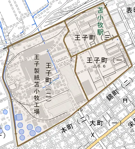 王子町とその周辺の地図。町の範囲を重ねている