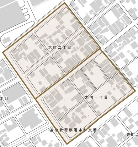 大町とその周辺の地図。町の範囲を重ねている