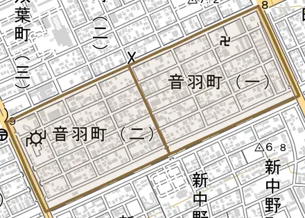 音羽町とその周辺の地図。町の範囲を重ねている