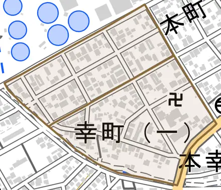 幸町とその周辺の地図。町の範囲を重ねている