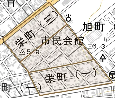 栄町とその周辺の地図。町の範囲を重ねている