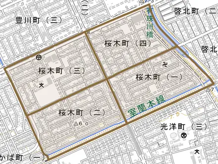桜木町とその周辺の地図。町の範囲を重ねている