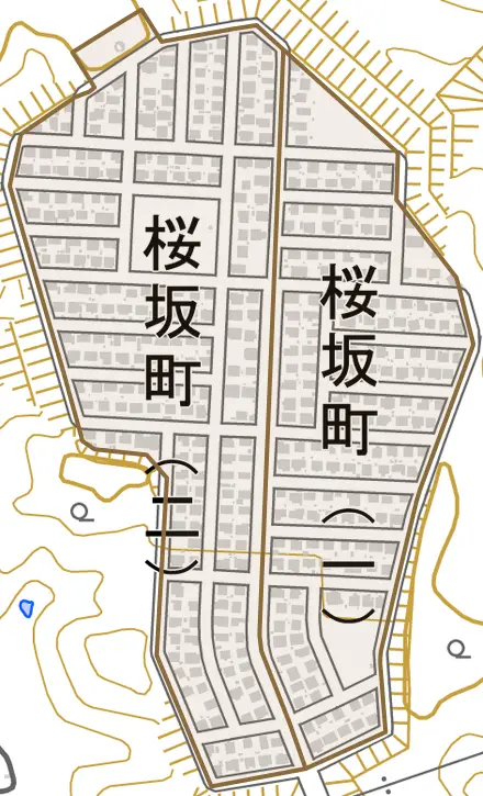 桜坂町とその周辺の地図。町の範囲を重ねている