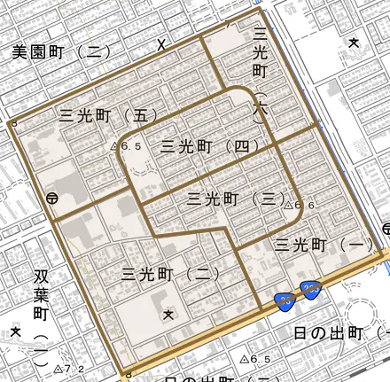 三光町とその周辺の地図。町の範囲を重ねている