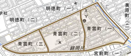 青雲町とその周辺の地図。町の範囲を重ねている