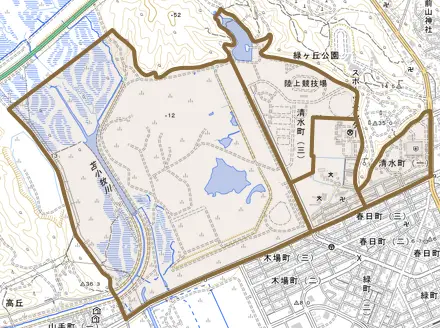 清水町とその周辺の地図。町の範囲を重ねている