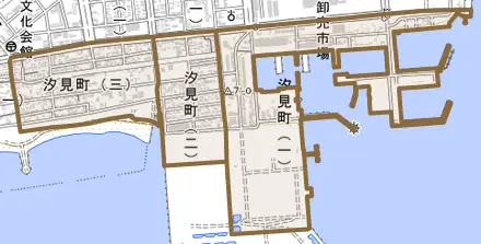 汐見町とその周辺の地図。町の範囲を重ねている