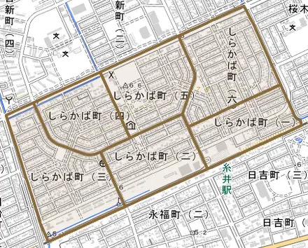 しらかば町とその周辺の地図。町の範囲を重ねている