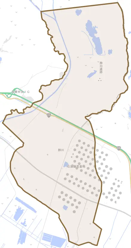 字静川とその周辺の地図。町の範囲を重ねている