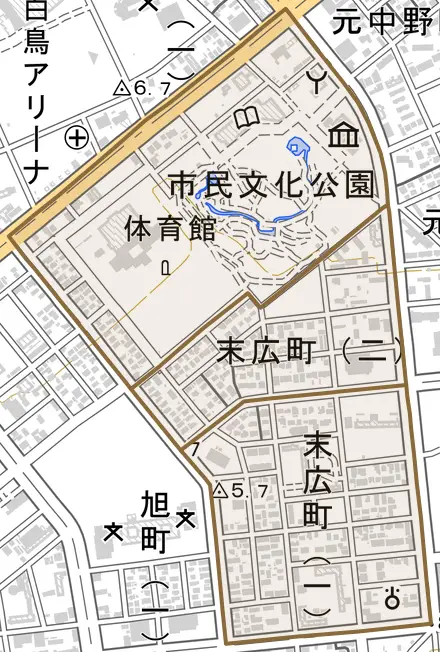 末広町とその周辺の地図。町の範囲を重ねている