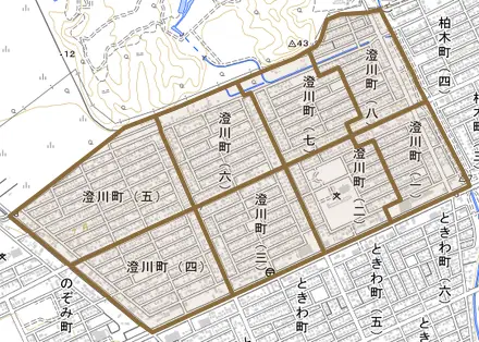 澄川町とその周辺の地図。町の範囲を重ねている