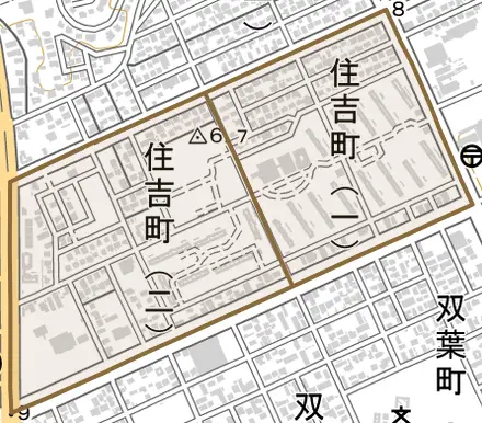 住吉町とその周辺の地図。町の範囲を重ねている