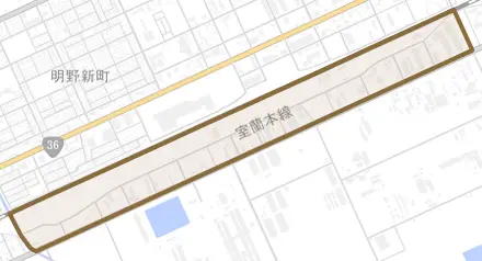 一本松町とその周辺の地図。町の範囲を重ねている
